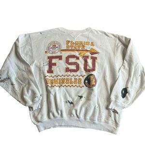 VTG Florida State Seminoles FSU Sweatshirt‎ White Distressed Paint Splatter XL
